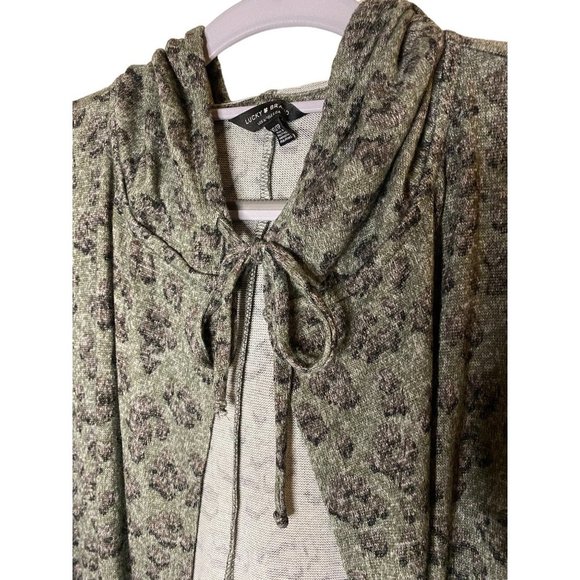 Lucky Brand Open Front Hooded Cardigan Emerald Green Leopard print sweater Sz XS - Picture 3 of 7